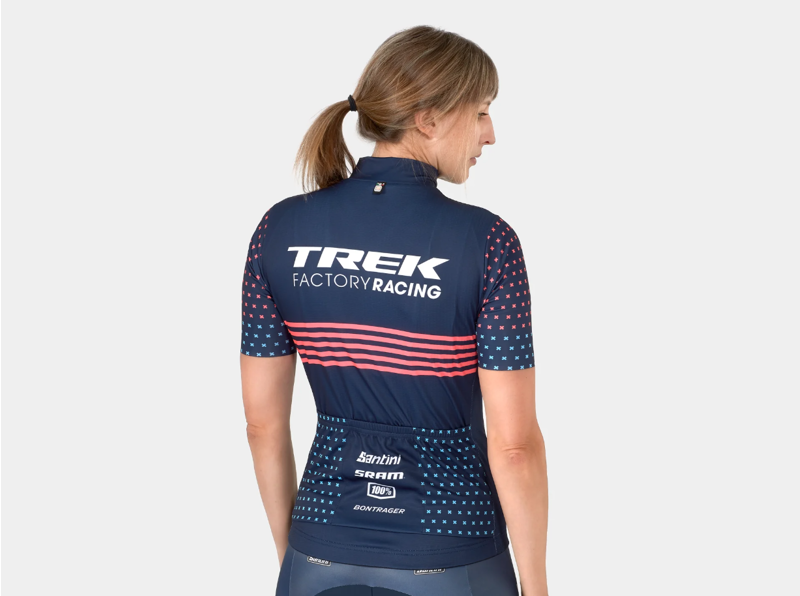 Trek Santini Factory Racing Women's CX Team Replica Cycling Short Sleeve Jersey in Blue/Coral-1